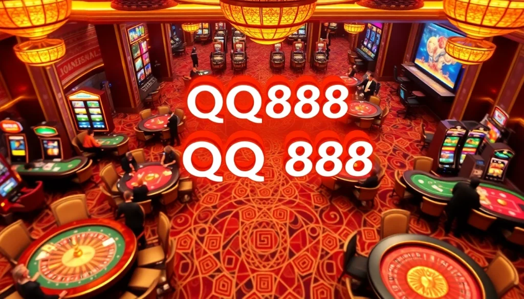 Exciting scene at QQ888 casino featuring players at tables and vibrant slot machines.