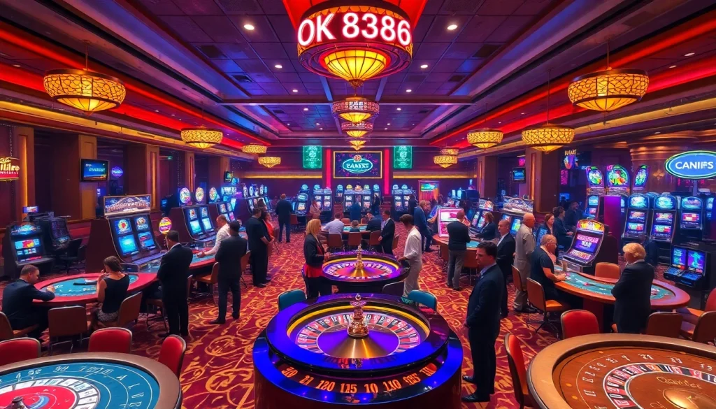 Enjoy vibrant casino games at OK 8386, featuring players at the blackjack table and colorful slot machines.