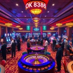 Enjoy vibrant casino games at OK 8386, featuring players at the blackjack table and colorful slot machines.