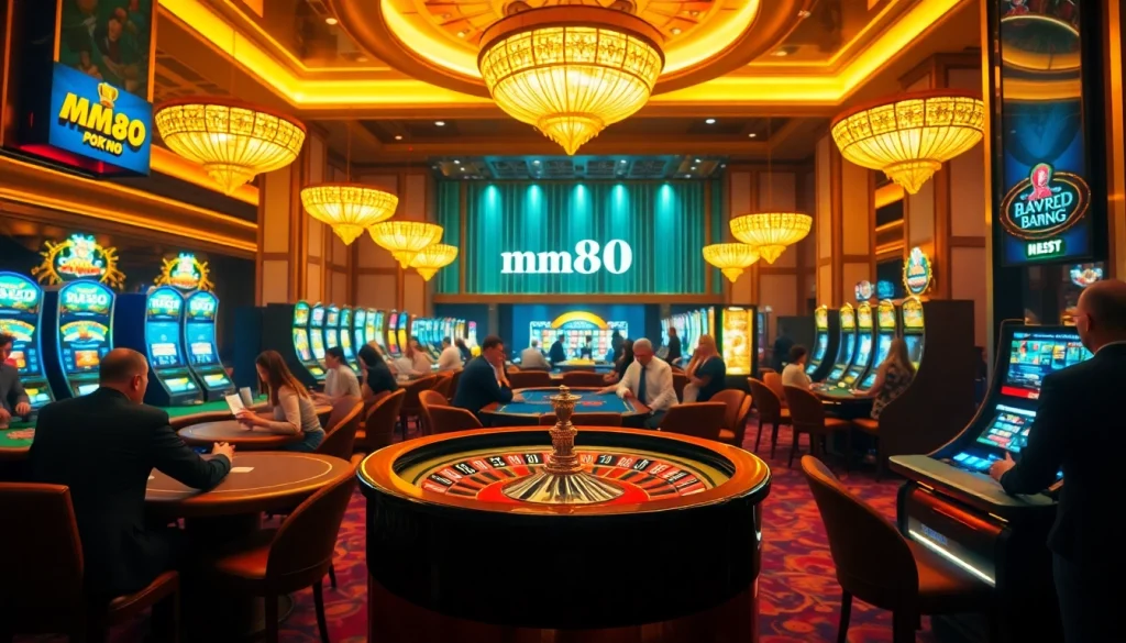 mm88 casino floor scene with players at poker and slot machines, capturing vibrant gambling action.
