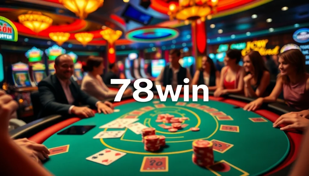 Players engaging at the 78win blackjack table, surrounded by high-stakes excitement and colorful casino decor.