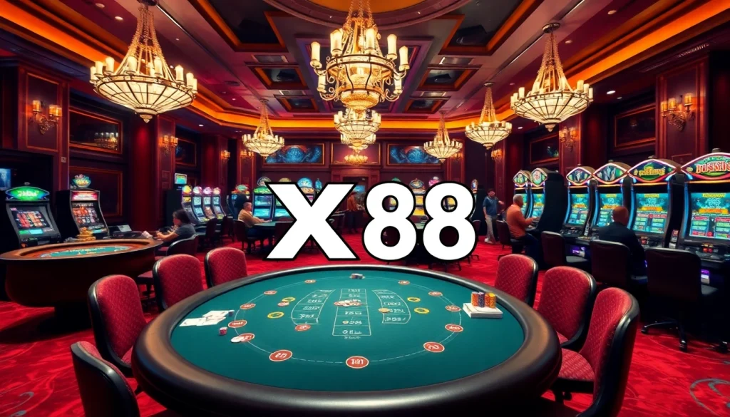 Exciting scene of gambling at a casino, showcasing players engaging with various games including XX88-themed slots and tables.