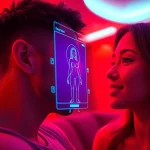 Engaging AI sexchat interface showcasing intimate conversation interactions with a holographic character.