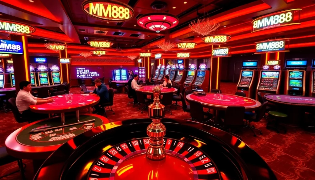 Experience the thrill of the MM88 casino, featuring robust gaming tables, players enjoying high-stakes poker, and vibrant slot machines.