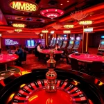 Experience the thrill of the MM88 casino, featuring robust gaming tables, players enjoying high-stakes poker, and vibrant slot machines.