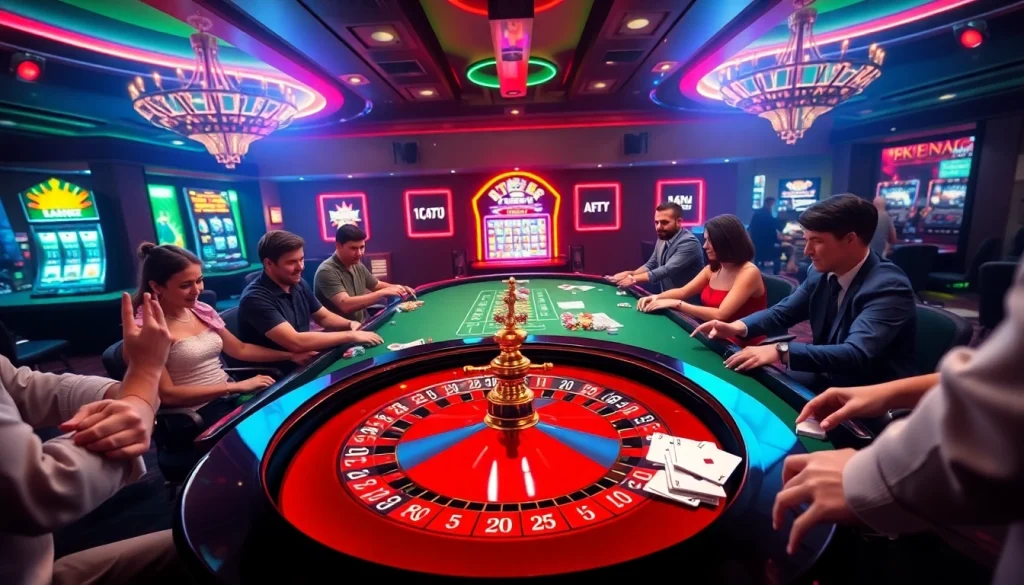 A vibrant casino scene at 3king.ws showcasing players at the roulette table, celebrating their bets.