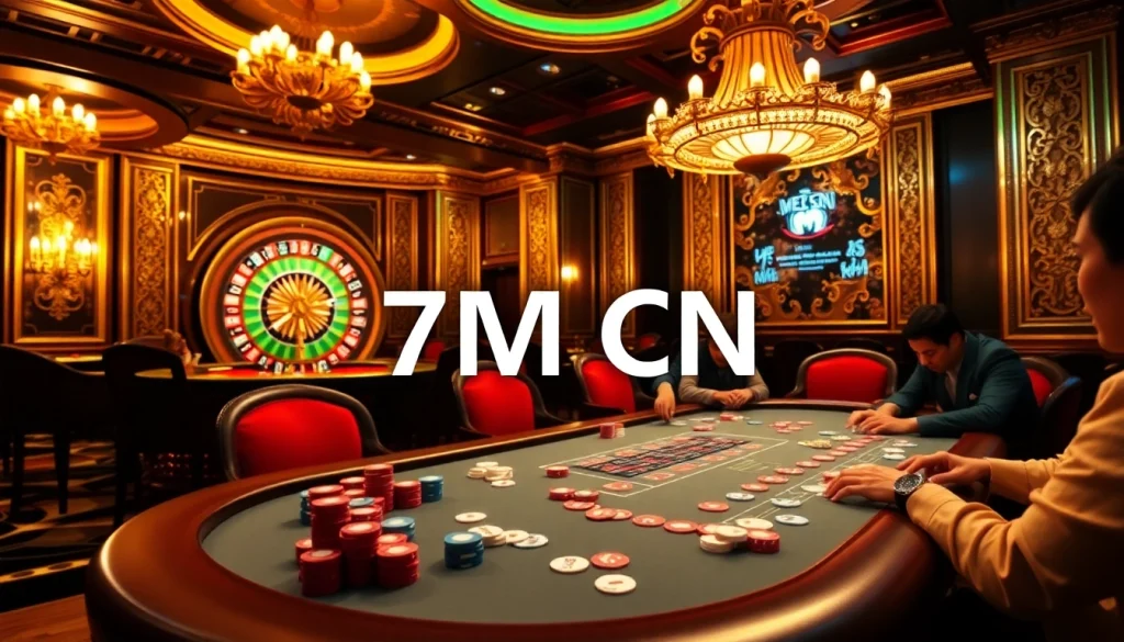 Experience the thrill of high-stakes poker at a luxurious casino featuring 7M CN activities with vibrant chips and cards.